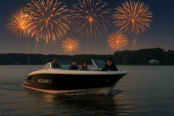 Boat with four people on water as fireworks light up the night sky.