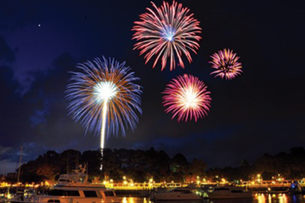 fireworks in the night sky over a body of water